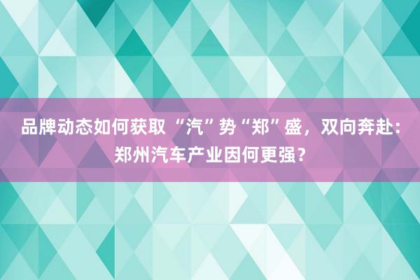 品牌动态如何获取 “汽”势“郑”盛，双向奔赴：郑州汽车产业因何更强？